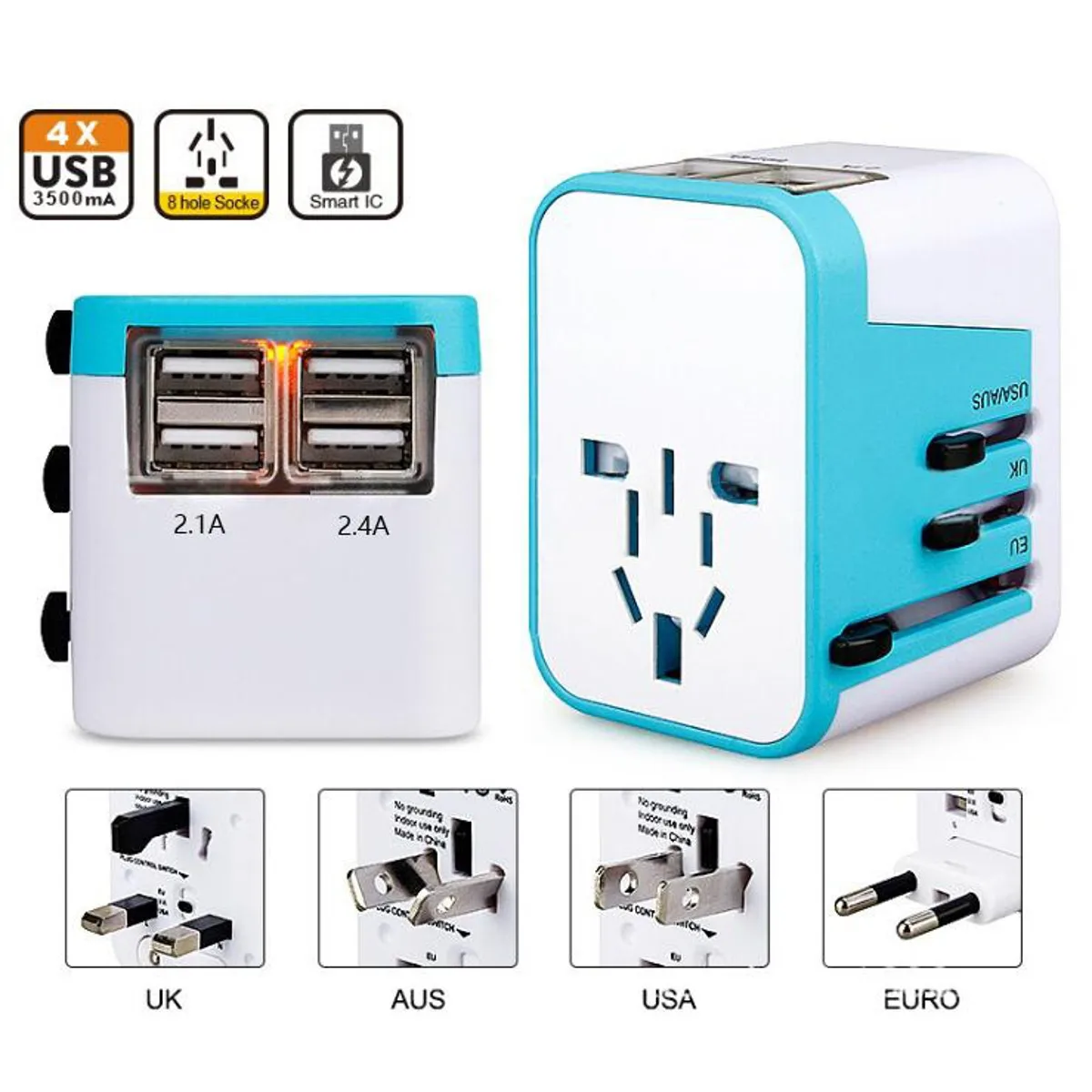 Универсальный международный адаптер CLAITE с 4 USB портами вилкой для Австралии США