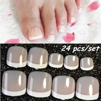 24 pcsset natural french toe fake nails white side diy gel nail art decoration tips for toe makeup manicure tool