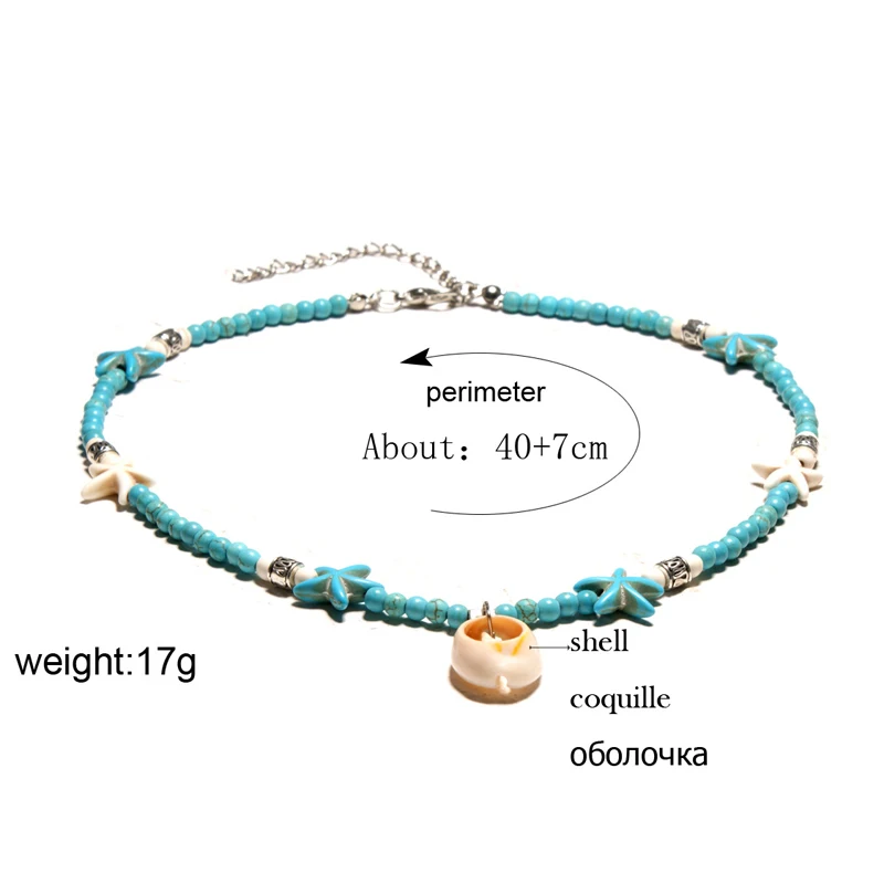 New Design Shell Pendants Starfish Turquoises Beaded Choker Necklace for Women Chic Bib Collier Femme Cowrie | Украшения и