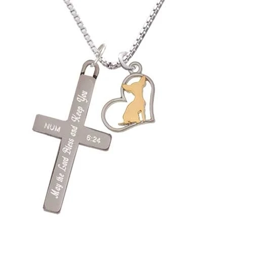 Два тона Чихуахуа силуэт сердце-благословит и держать вас-крест ожерелье |