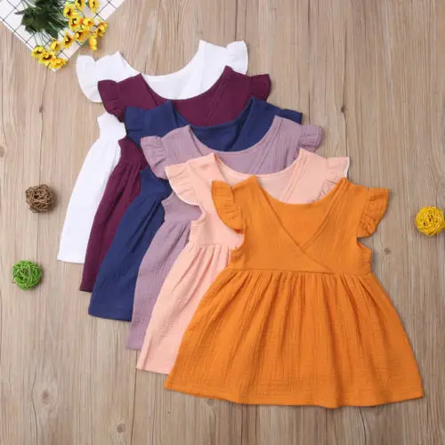 Emmababy Toddler Kids Baby Girl Dresses Summer Solid Color Ruffle Party Dress Clothes 1-5Y | Детская одежда и обувь