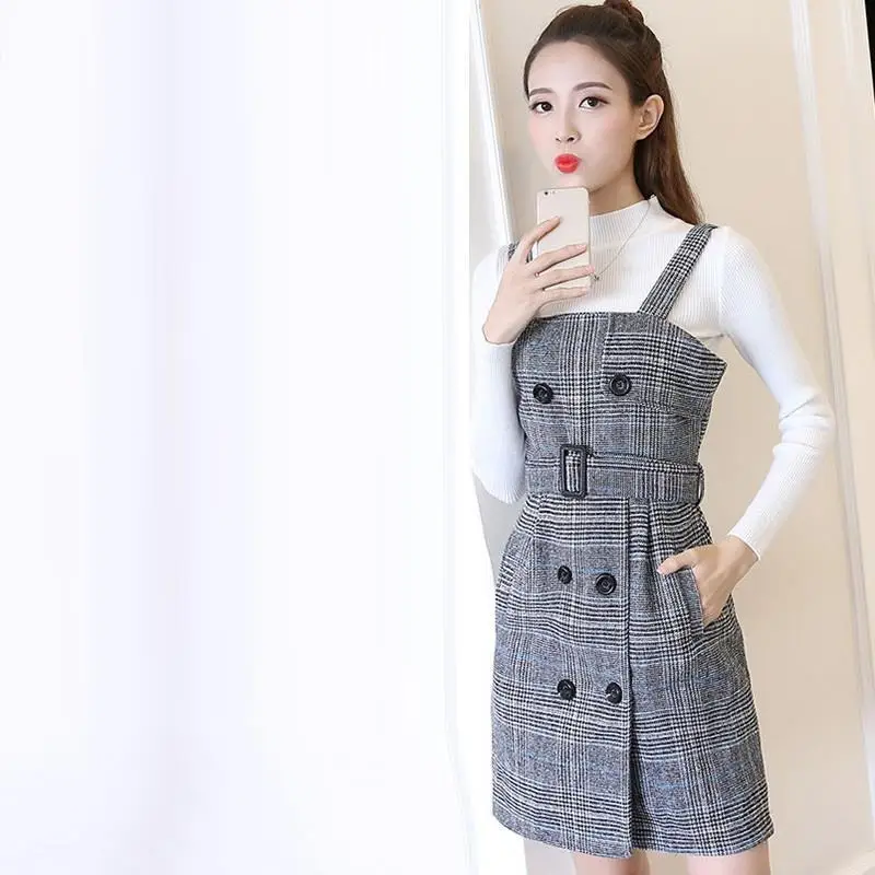 Подтяжки в клетку Roupa Invierno женские корейские с открытыми плечами пуловер