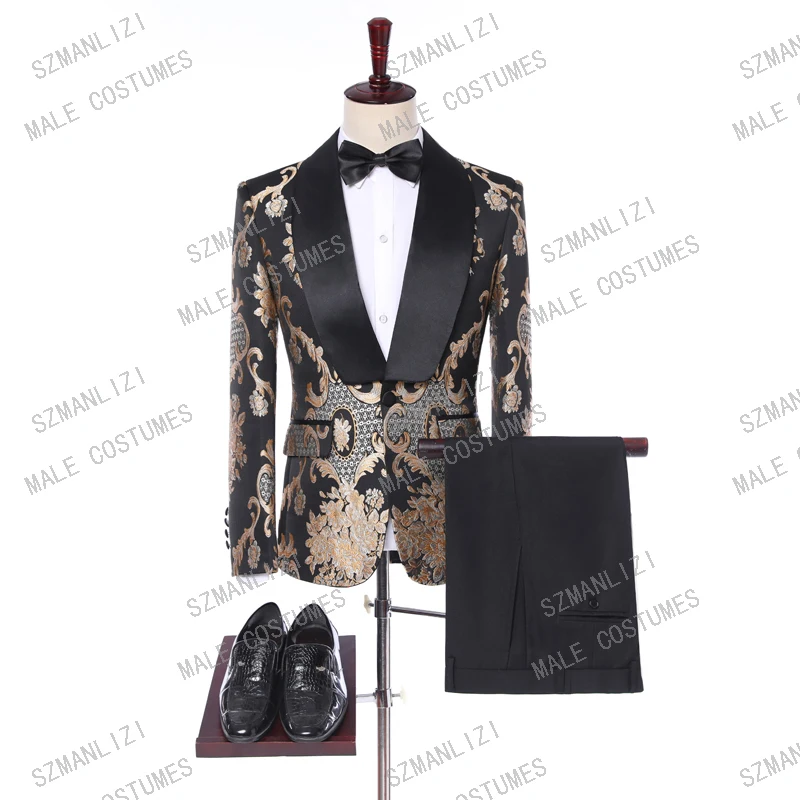 Костюм Homme Mariage 2019 модный официальный смокинг Terno черный золотой жаккардовый