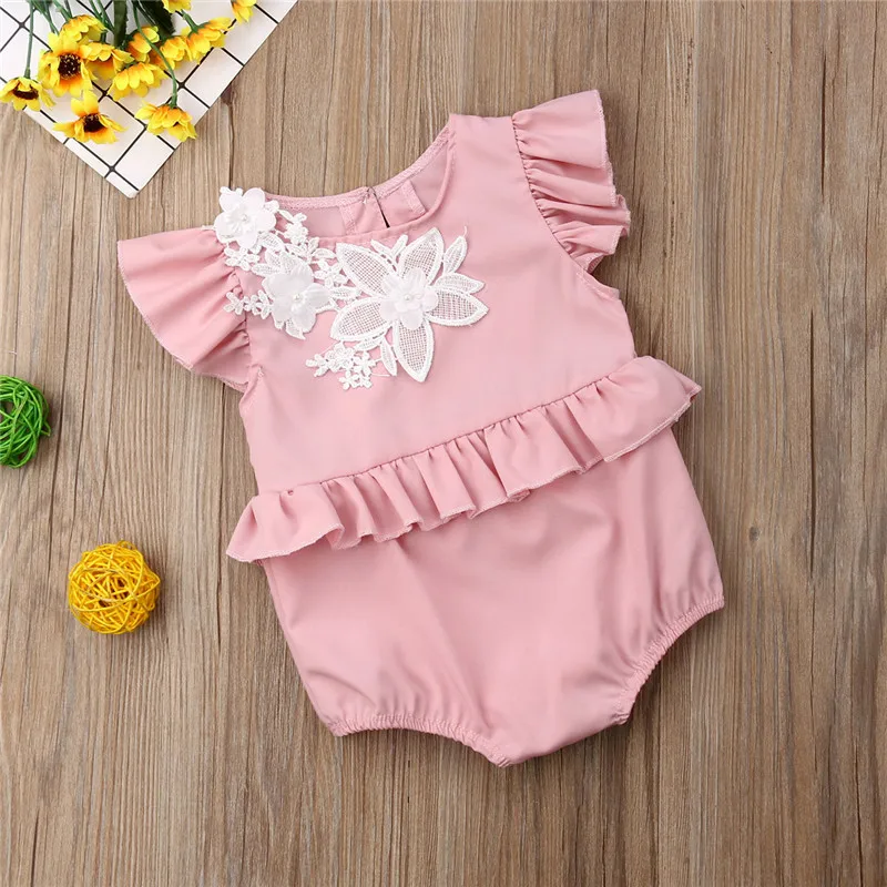 Pudcoco/боди с оборками и кружевной аппликацией для новорожденных девочек Розовая