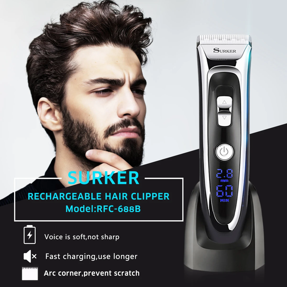 SURKER RFC-688B Перезаряжаемые для стрижки волос, триммер для волос, машинка для стрижки с светодиодный Дисплей бесшумный Керамика Ножи Быстрая зарядка стрижка машина штепсельная вилка европейского стандарта