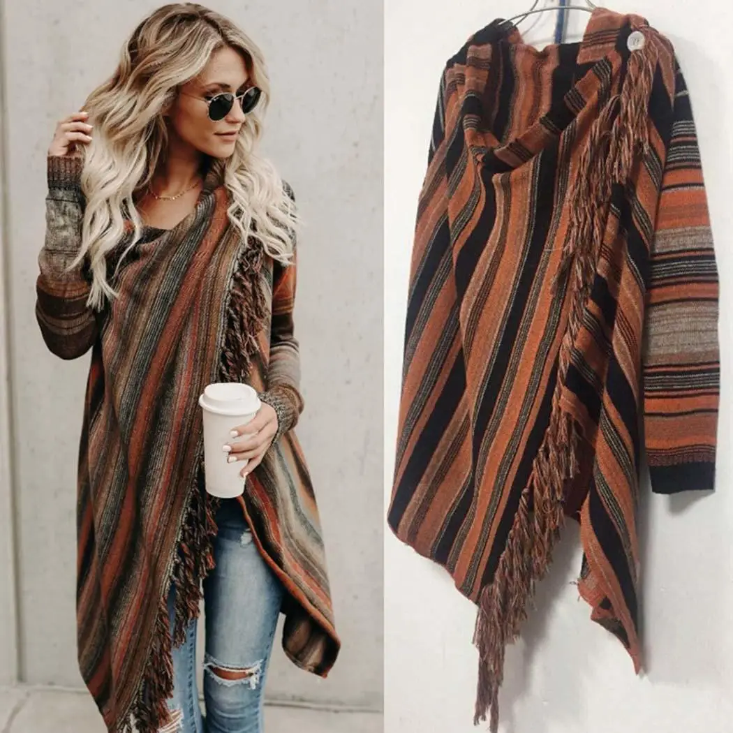 New Fashion Women Casual V-neck Long Regular Fit Asymmetrical hem Sleeve Tassel Cardigan Prints |