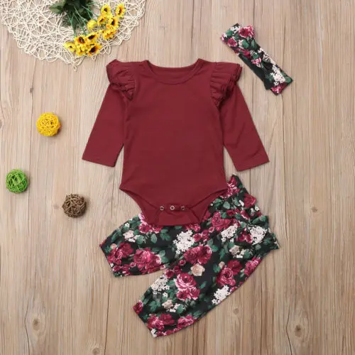 

Newborn Baby Girls Floral Clothes Romper Bodysuit Leggings Headband Outfits Sets