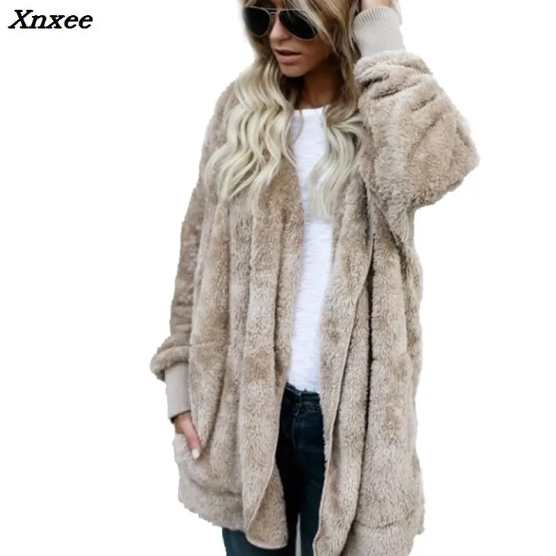 New Fashion Spring Faux Fur Warm winter coats on both sides Jacket Women Open Stitch Hooded Coat Female Long Sleeve Fuzzy | Женская