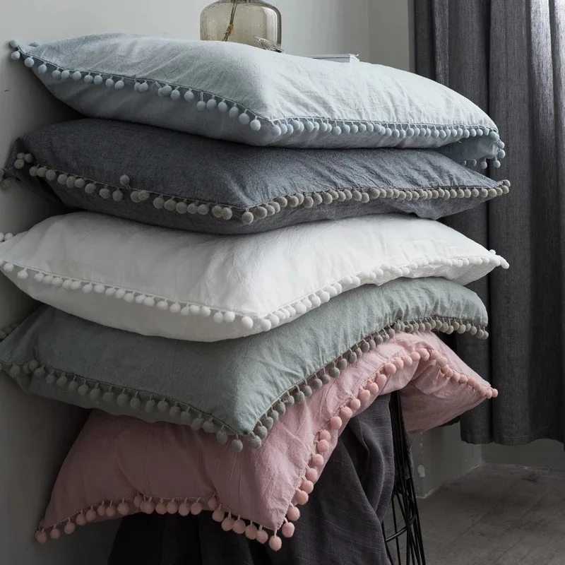 

Solid Cotton Pillowcase Home Hotel Bedding Super Soft Pom Pillow Cover Wedding Gift Design Pillow Case For Couple 1/2pcs 38