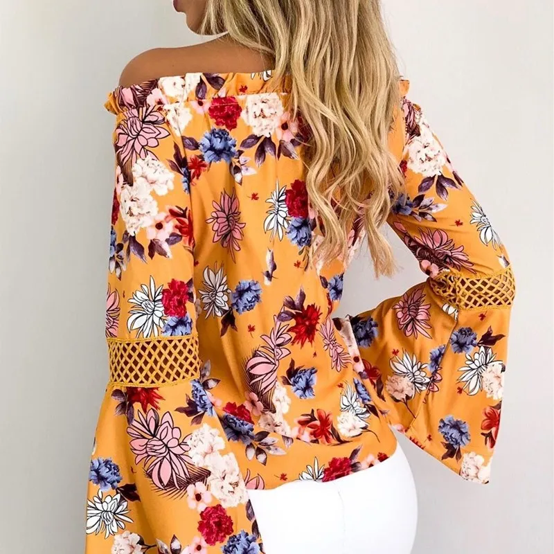 Сексуальная Блузка с открытыми плечами и цветочным принтом женская рубашка