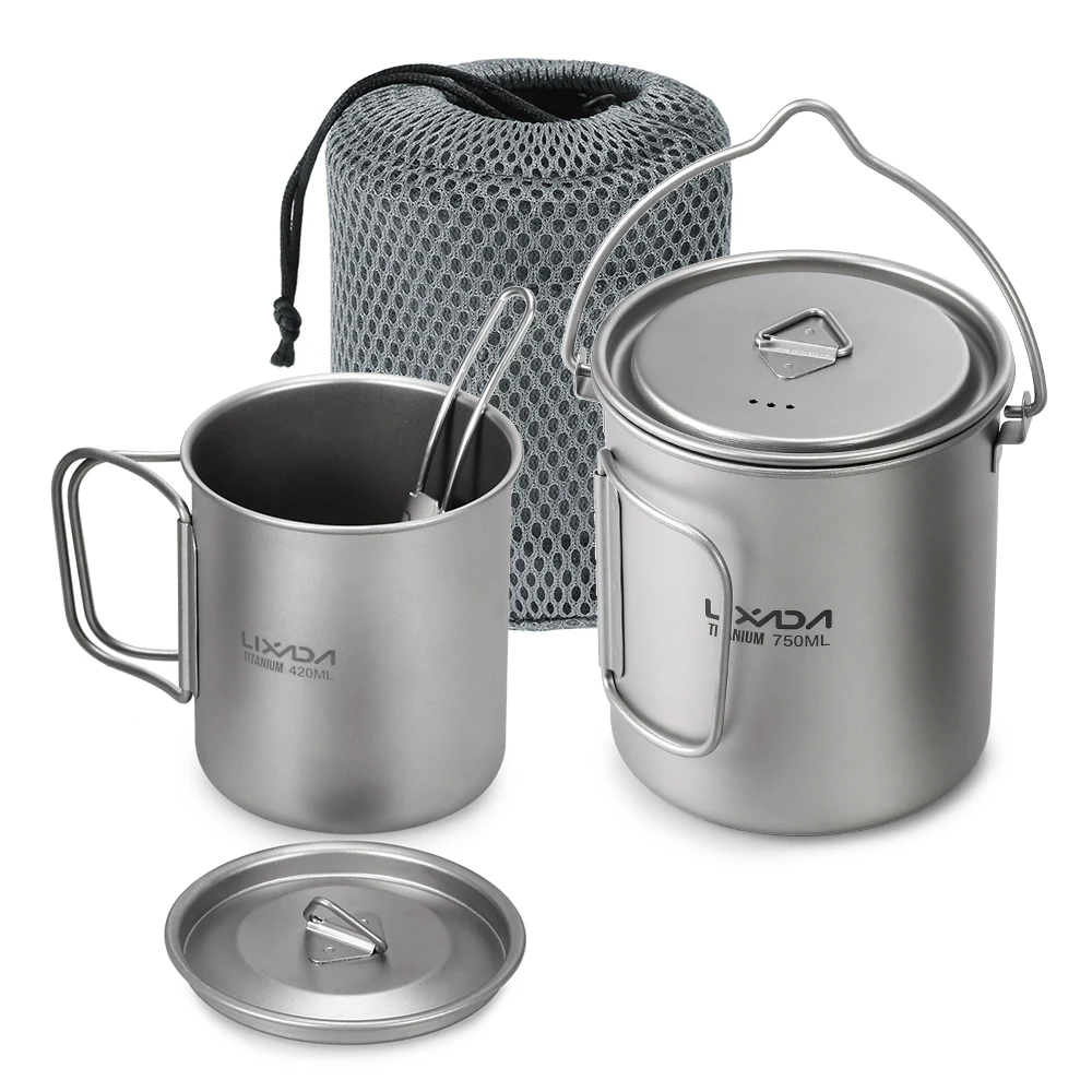 

450/750ml Titanium Pot Cup Hanging Camping Pot Water Mug Cup with Spork Foldable Handle Outdoor Tableware Picnic Cookware