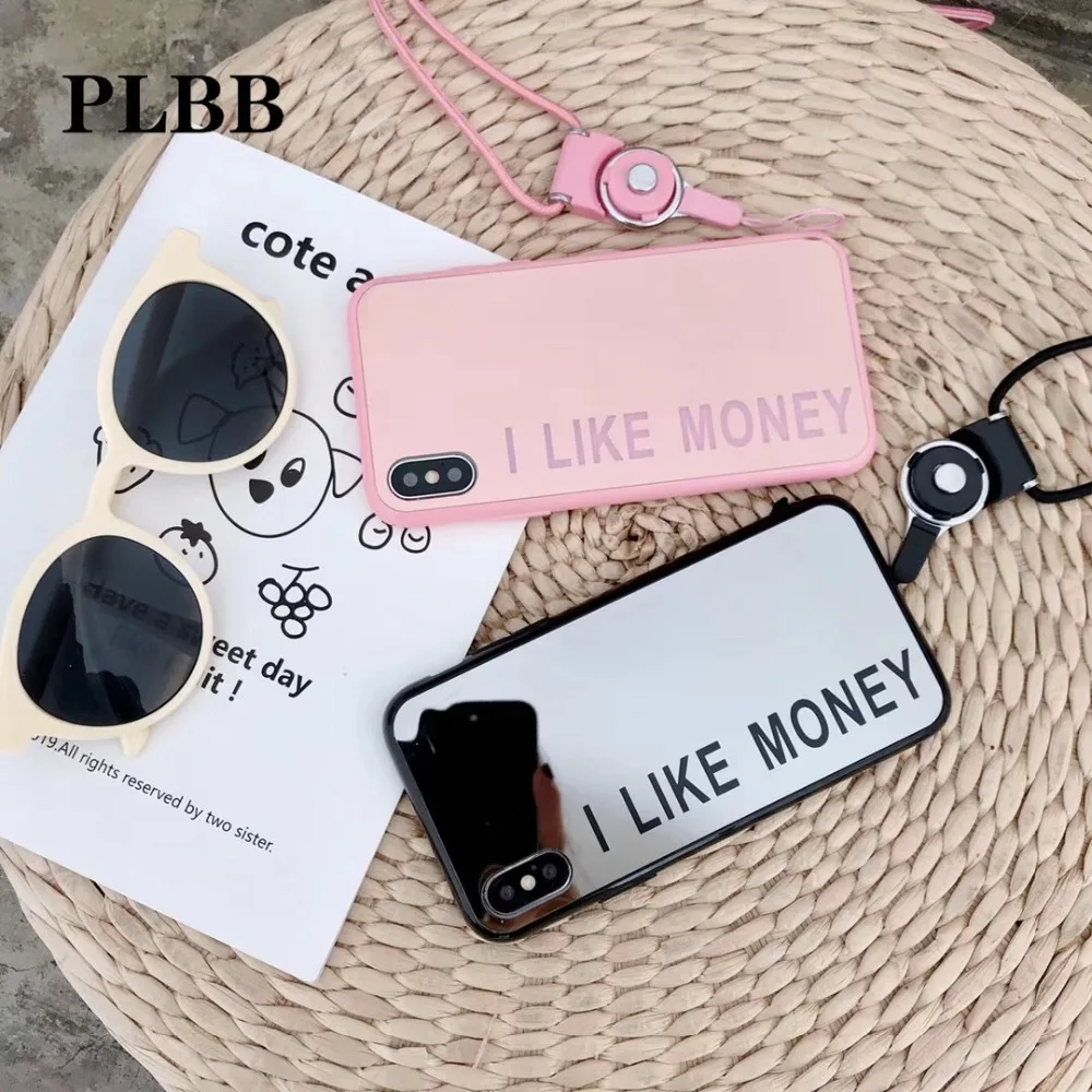 PLBB Luxury Acrylic Mirror Lover Heart Geometric Soft TPU Phone Coque Cover Case for iPhone X Xs Max XR 6 6S 7 8 Plus + Landyard | Мобильные