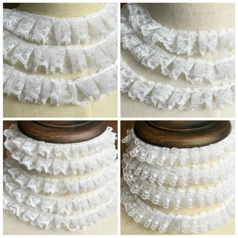 High Quality White Sequence Lace Fabric Pleated Elastic Lace Ribbon Toy Dolls Clothing Collar Dress Trim DIY Sewing Guipure P034