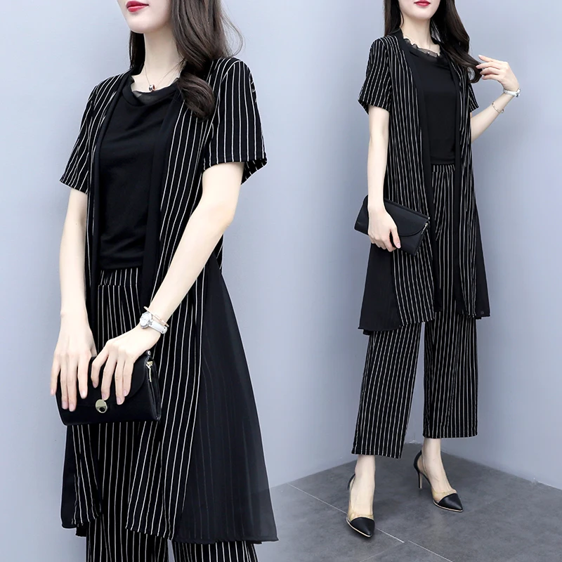 

summer big yards three-piece clothing set vest T-shirt & wide-legged pants suit casual clothes women size M-5XL stripe outfit