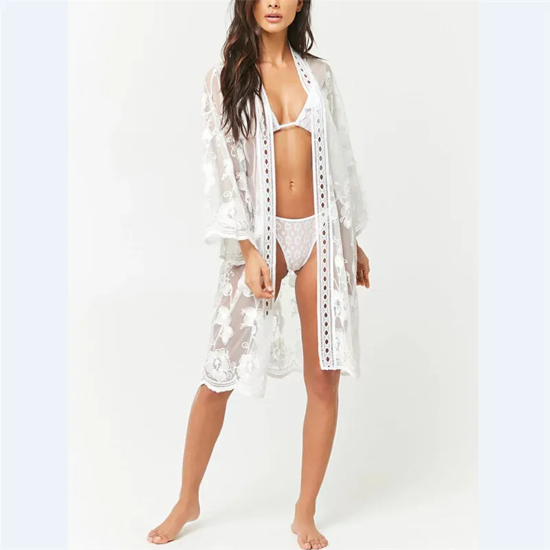 Summer Beach Cover Coat Women White Jacket Lace cotten Blouse Kimono Cardigan Hollow Out Shirt Long | Женская одежда
