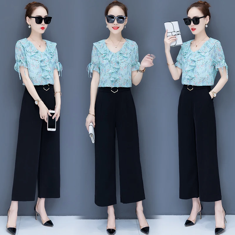 

Short Sleeve Chiffon Blouse Wide-Legged Pants Suit Spring New 2019 Loose Fashion Floral Two-Piece Clothing Set Korean Fashion