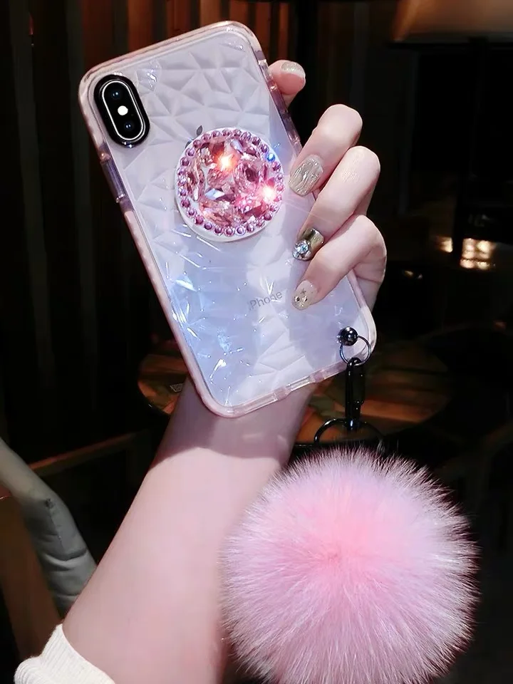 Роскошный прозрачный чехол с подставкой и помпоном для Huawei P10/P20/P30 мягкий