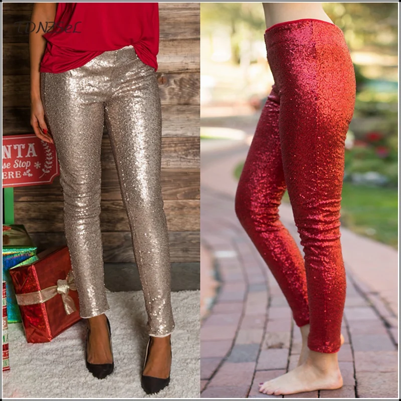 

Women Sexy Glitter Mid Waist Sequined Pencil Pants Nightclub Party Elastic Slim Shiny Trousers Casual Sparkle Metallic Capris