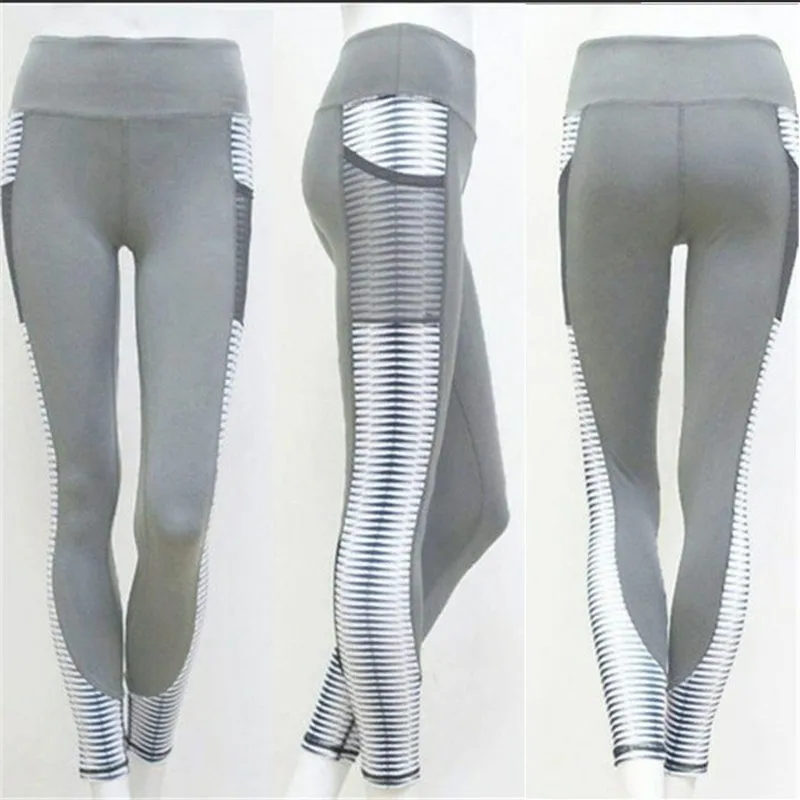 Yoga SIim Stripe Pants Print Elastic Women Leggings High Waist Seamless Fitness Breathable Tight Push Up Pocket | Спорт и