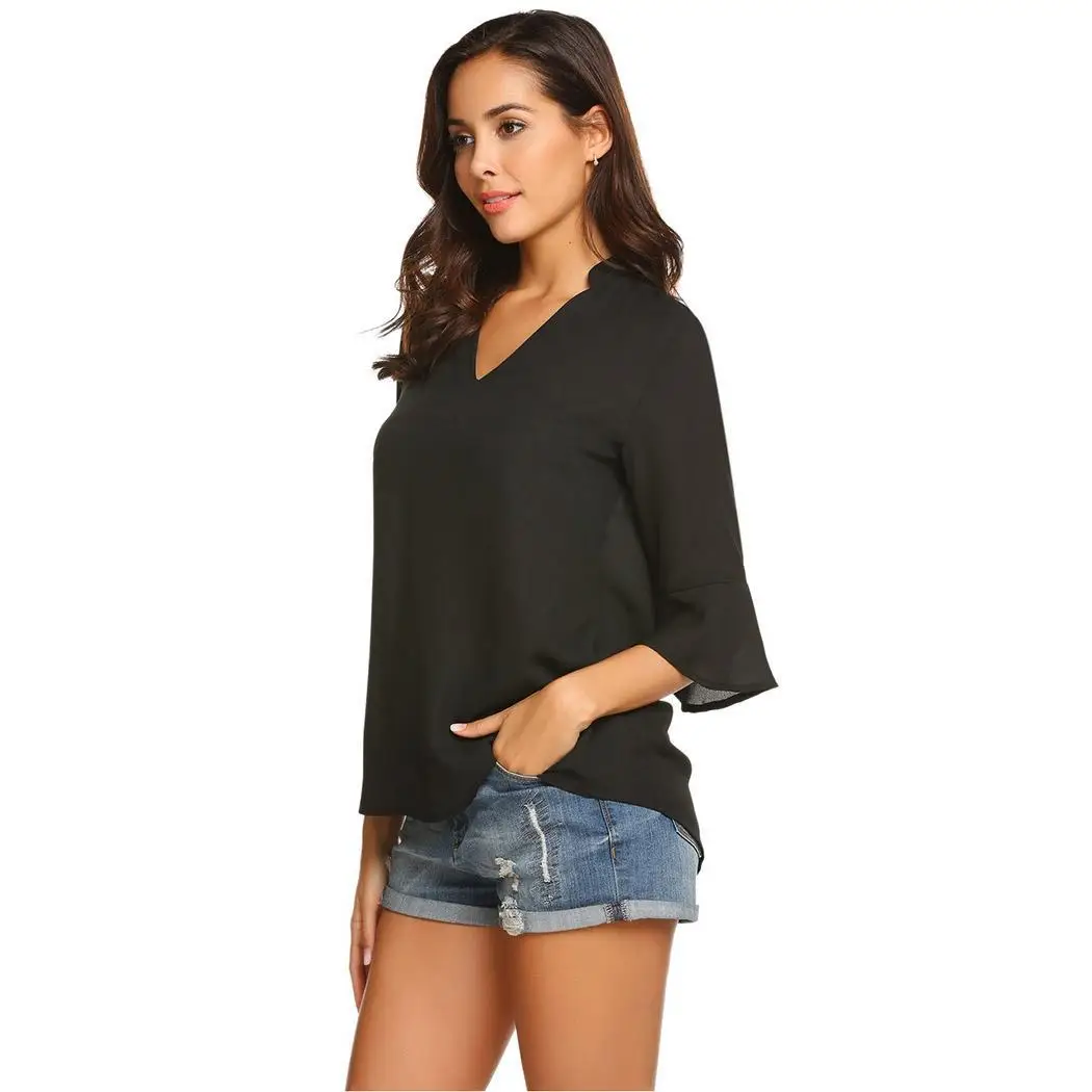 Women Casual Solid V Neck Flare Sleeve Loose Shirts Height 176cm Bust 88cm Waist 59cm Hip 90cm Chiffon Tops |