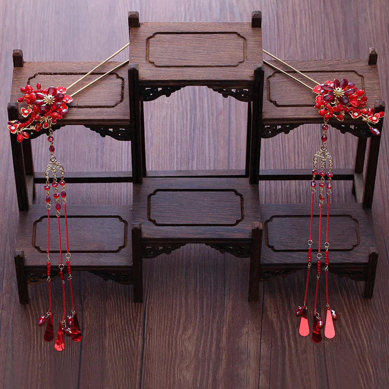 Wedding Bride Chinese Hair Jewelry Set Red Beaded Phoenix Headdress Costume Tassel Step Shakes Retro Women Headwear Ornaments | Украшения и