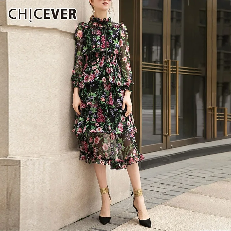 CHICEVER весеннее винтажное платье с принтом для женщин со стоячим воротником на