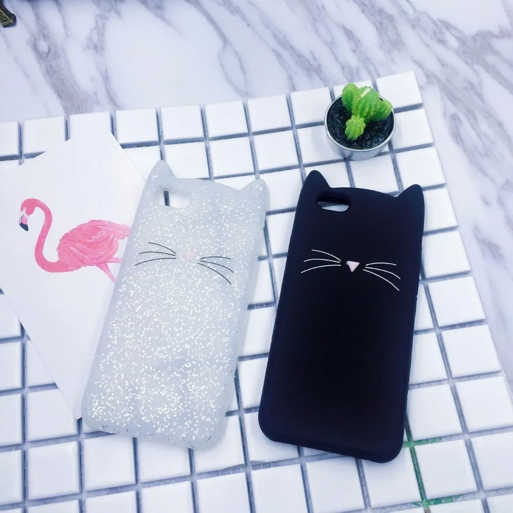 3D мягкий силиконовый чехол с черными кошачьими ушками и бородой для iPhone 5 5S SE 6 6S Plus