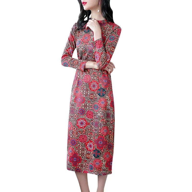 

2018 Autumn New Pattern Europe Station Nation Wind Will Code Printing High Waist Self-cultivation Thin Temperament Dress