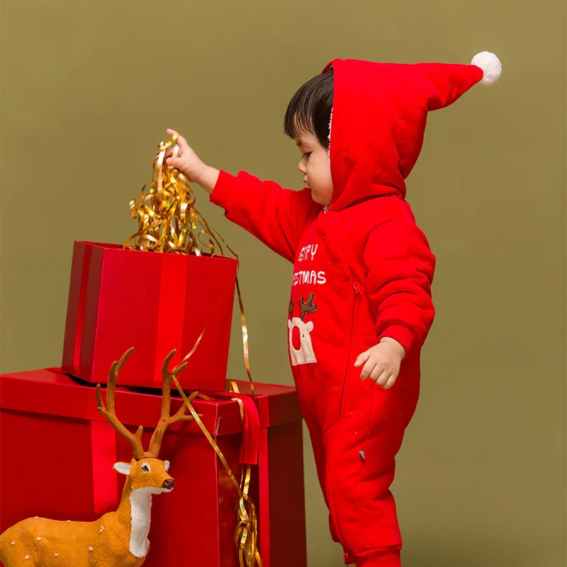 

Hot Baby Christmas costumes Cotton baby rompers with hooded Christmas tree elk red romper baby clothes