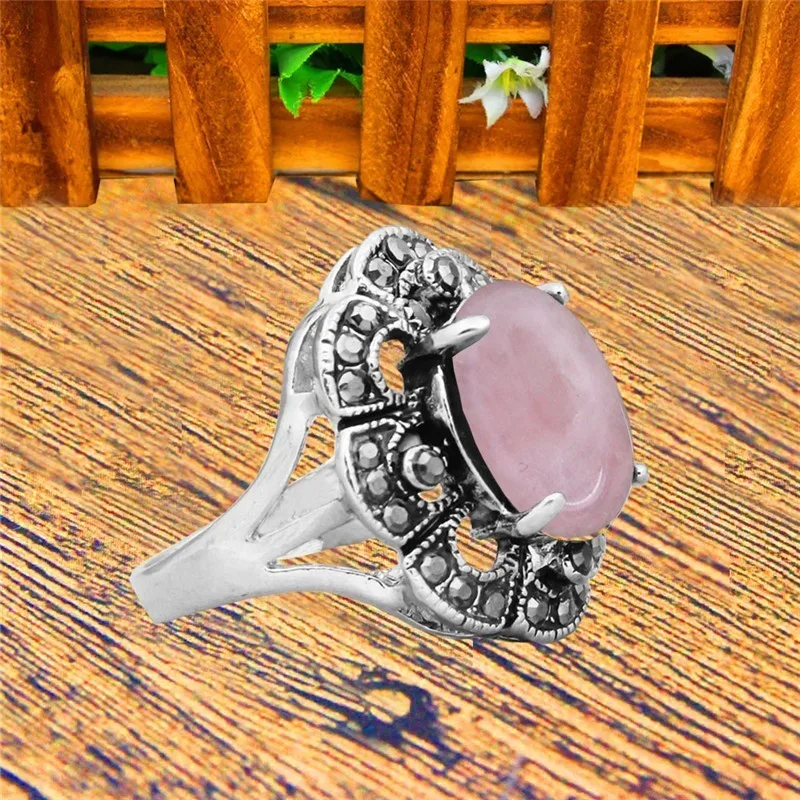 Oval Natural Stone Quartz Rings For Women Antique Silver Plated Rhinestone Plum Flower Vintage Fashion Jewelry TR710 | Украшения и