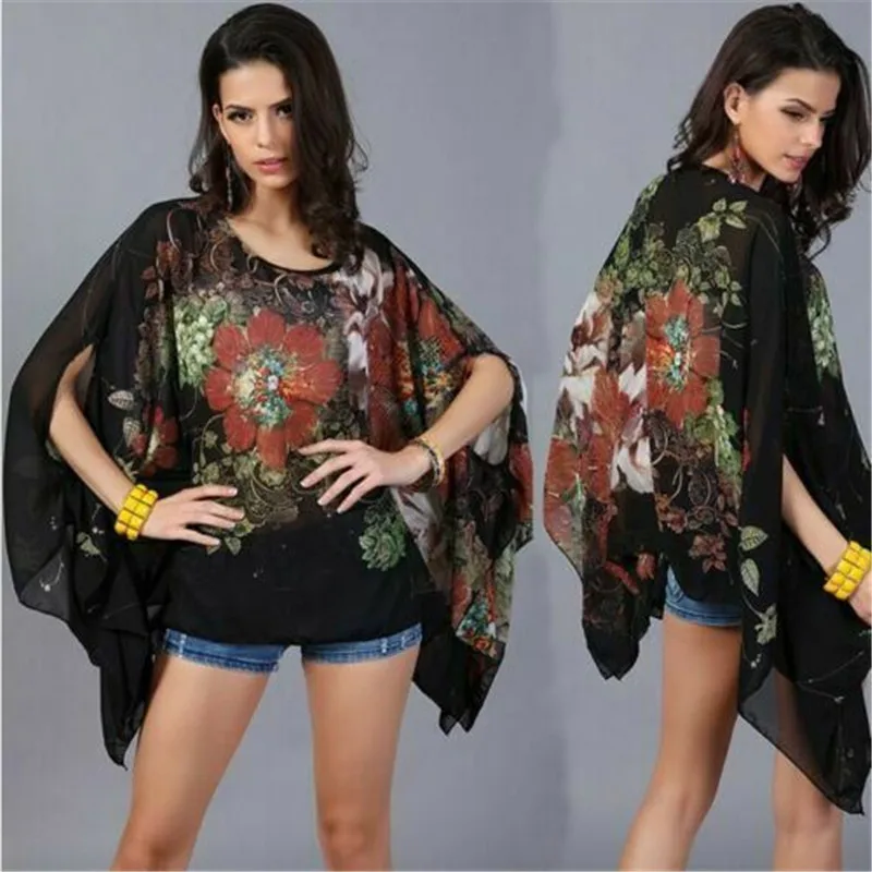 Женские Цветочные Летние Топы Boho свободные шифоновые рубашки с длинным рукавом