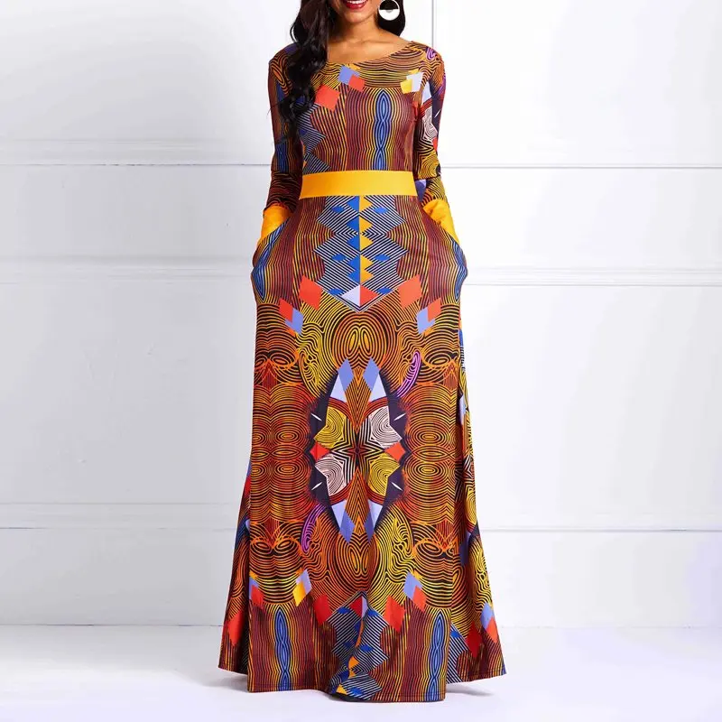 Maxi Dress Women Brown Geometric Print Stylish Elegant Swing Robe Female Elastic High Waist Backless Party Autumn Long Dresses | Женская