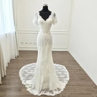vinca sunny elegant v neck appliques lace mermaid wedding dress count train backless trumpet bride dress 2022
