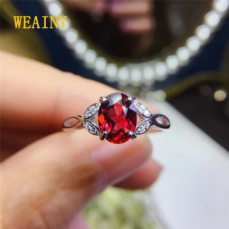 

WEAINY Solid 925 Sterling Silver Pure Red Mozambique Garnet Solitaire Ring For Women Oval Cut Fashion Accessories On Sale