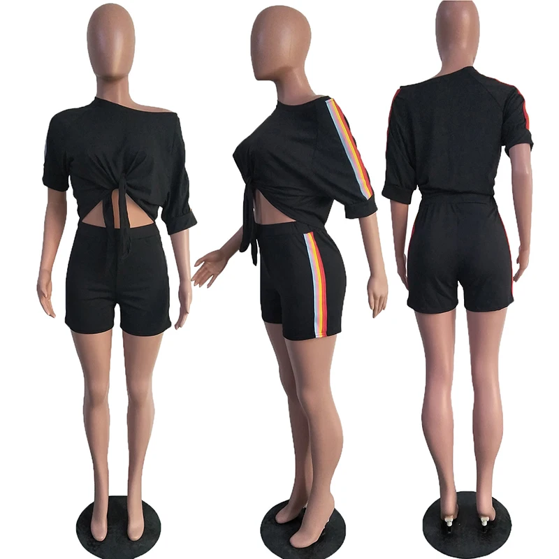 

TWO PIECE SET Stripe Shorts Crop Top Half Sleeve Blouse Bandage Lace Up Bow Tie 2 Piece Suits Outfits Women Tracksuit Streetwear