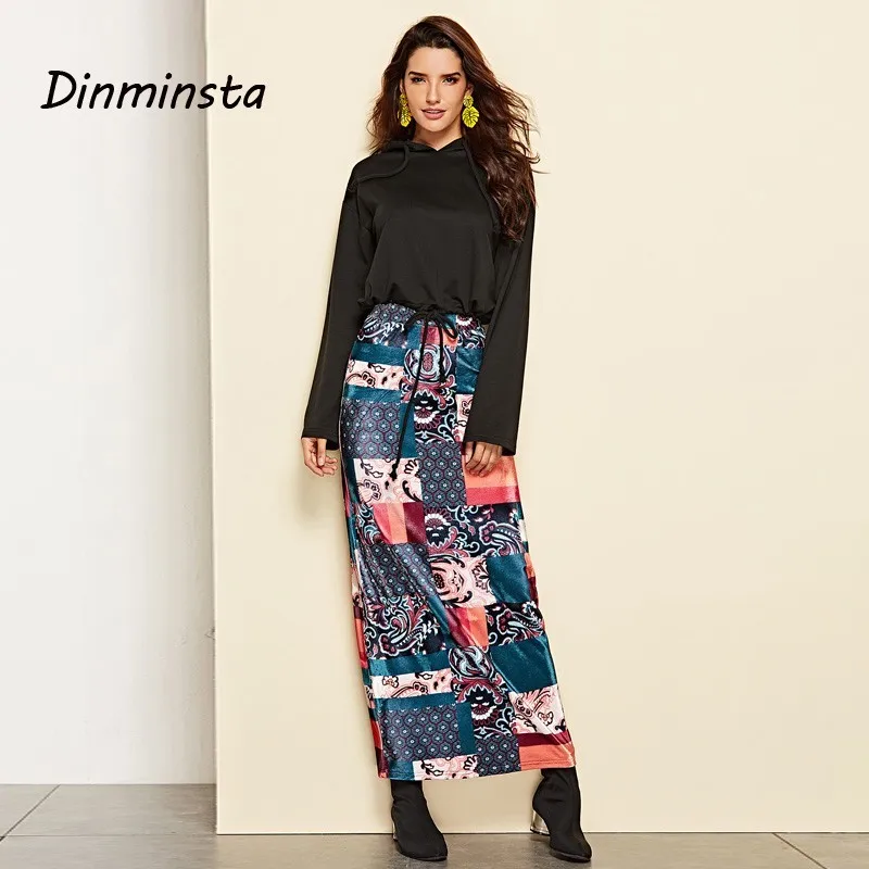 Dinminsta Women Bohemian Fashion Plaid Print Velvet Long Skirt Female Spring Casual Straight Elastic High Waist Maxi Skirts 2019 | Женская