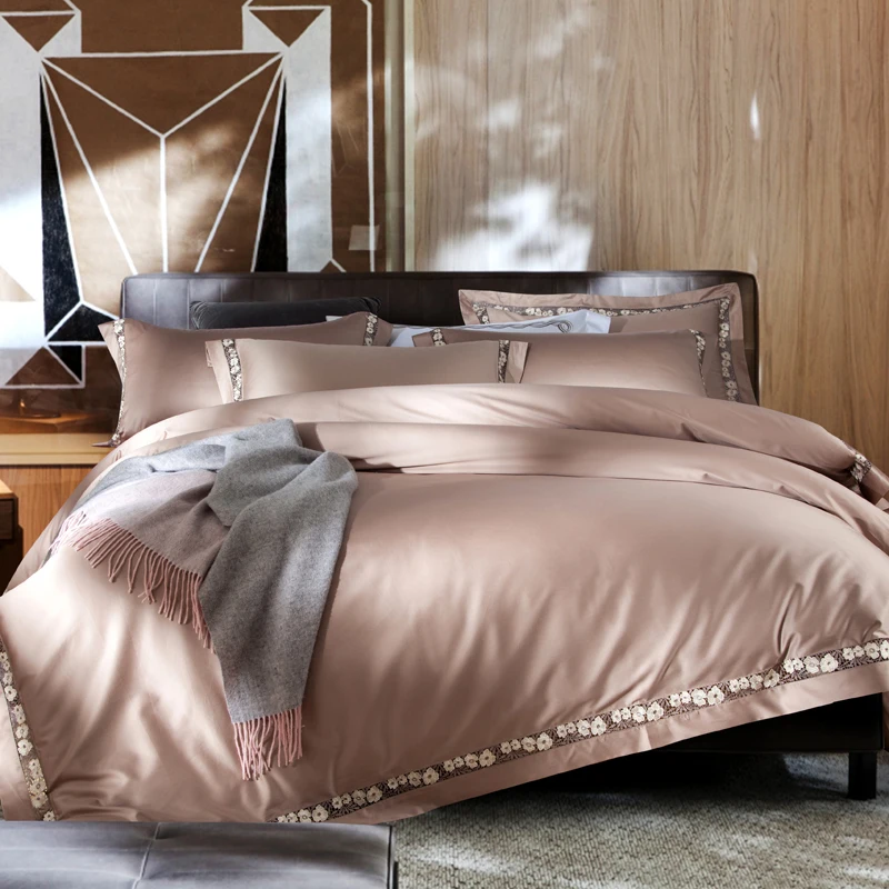

Coffee Brown Luxury Bedding Set Queen King size Bed cover set Lace Hollow Edge Duvet Cover Bed Sheet set 100S Egyptian Cotton 40