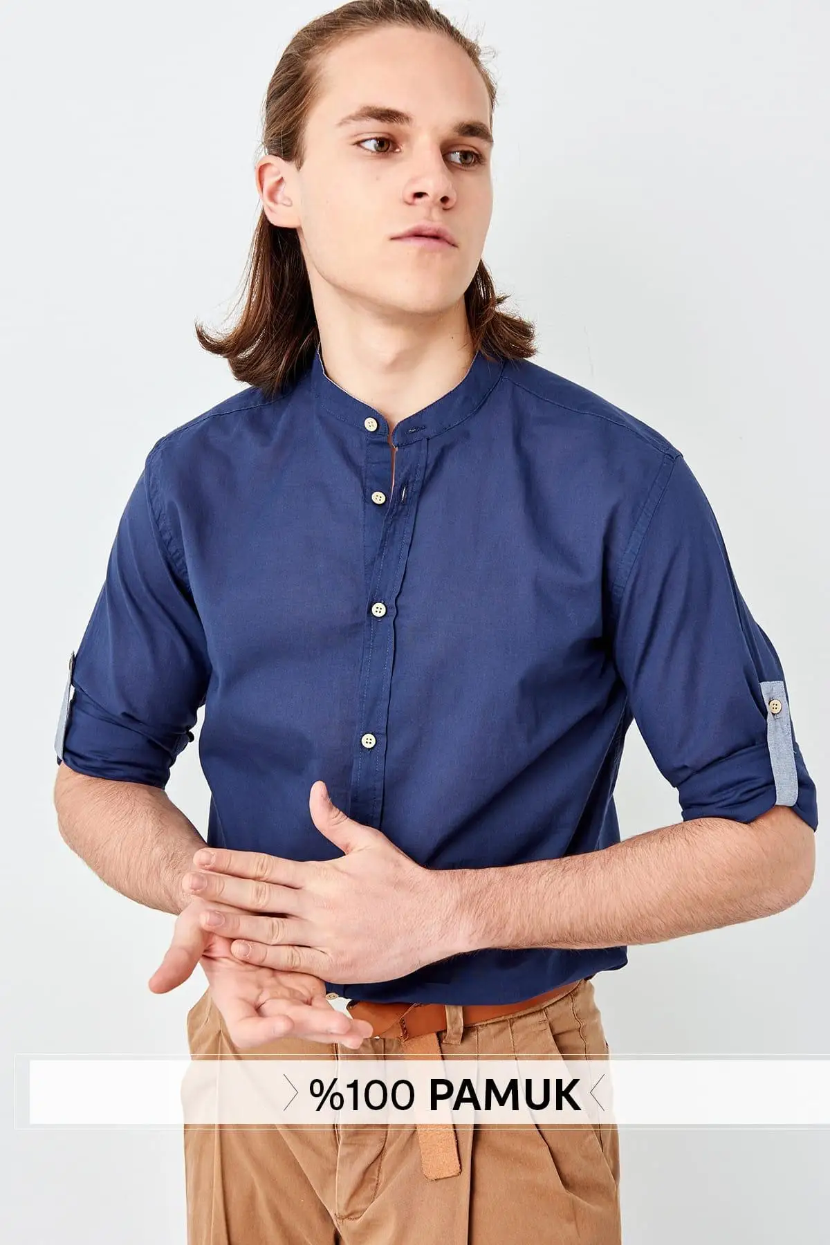 Trendyol темно синий мужской Slim Fit экипажа средства ухода за кожей Шеи Рубашка TMNSS19FO0002