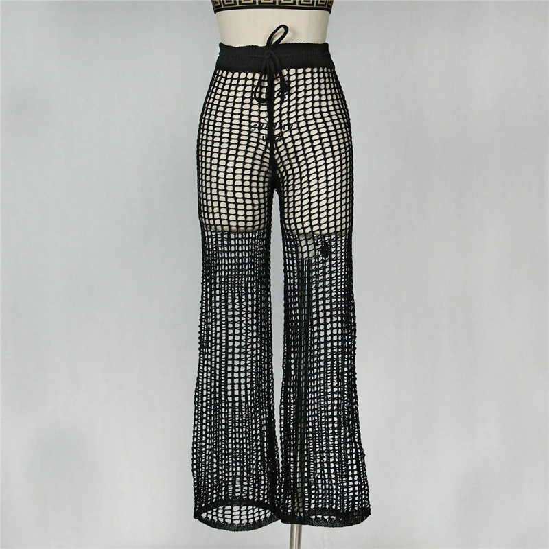 

Women Beach Casual Loose Cover Up Pants Crochet Fishnet Hollow Out Mesh Wide Leg Cover Up Summer See-through Sexy Pants