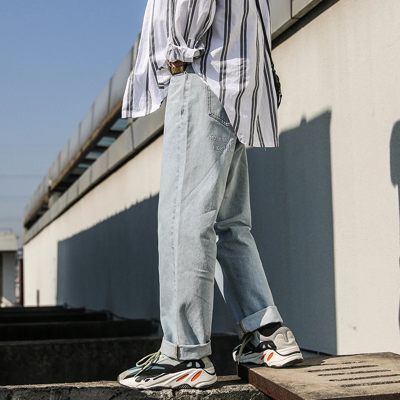 2019 Spring And Autumn New Letters Embroidery Print Decoration Retro Washed Solid Color Wide Leg Pants Blue / Sky S-2XL |