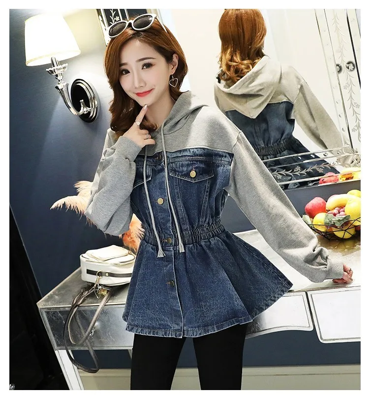 CHICEVER Spring Patchwork Denim Jacket For Women Hooded Long Sleeve High Waist Slim Women's Jackets Fashion Casual Clothes New | Женская