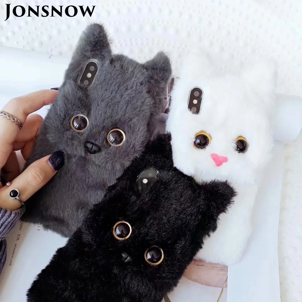 JONSNOW Winter Warm Soft Fur Phone Case for iPhone 6 6S 7 8 Plus 3D Cat Plush Cases XS XR Max Back Cover Fundas |