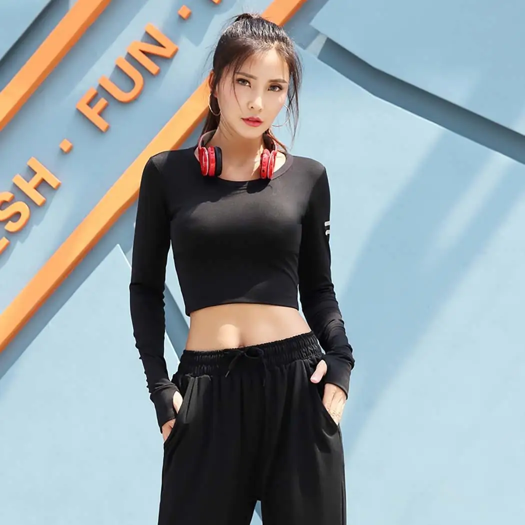 Women Casual Round Neck Long Sleeve Reflective All Seasons Causal Crop Top Solid Slim Black Shirt | Женская одежда