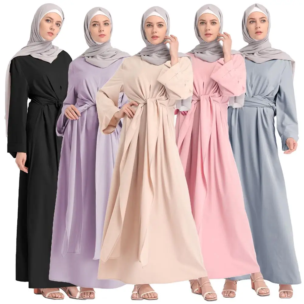 

Muslim Women Maxi Dress Bandage Islamic Ramadan Casual Loose Robe Arab Dubai O-neck Fashion Solid Color Long Dress O-neck New