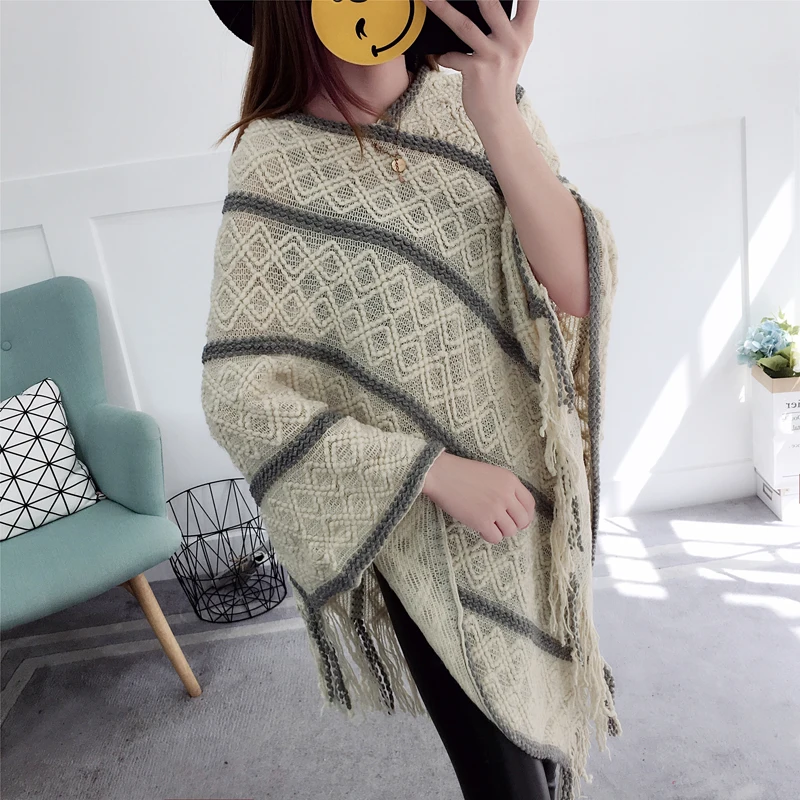 Fashion Female Women's Long Plus Size Tassel Bat sleeve striped Loose Knitted Winter Capes &amp Ponchos Clothes Clothing Outerwear |