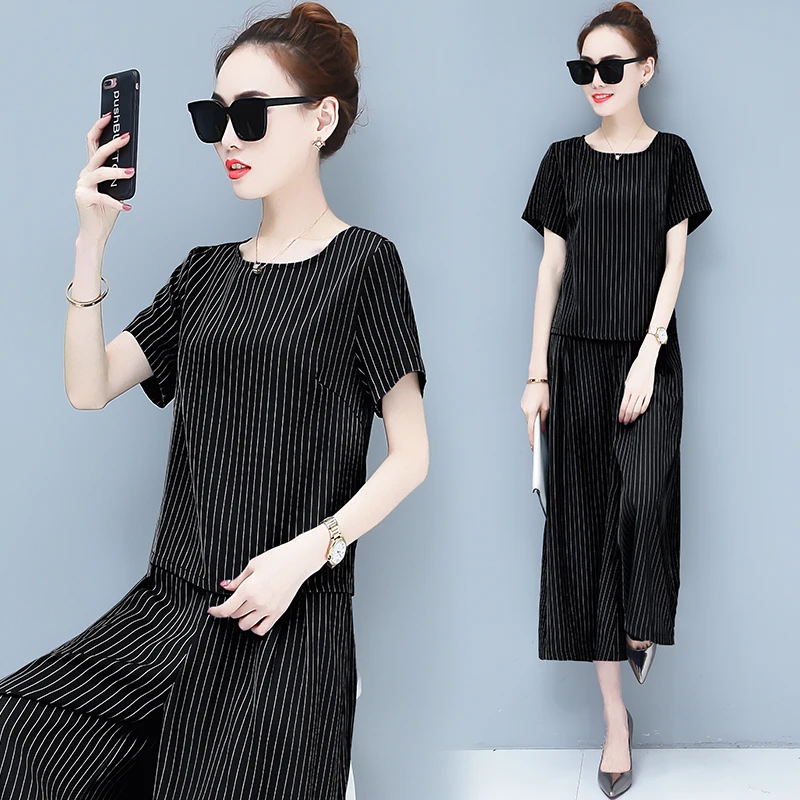 

Wide-Legged Pants Suit New Women Leisure 2019 Summer Wear Korean Fashion Stripe Two-Piece Clothing Set Trousers O Neck Outfit