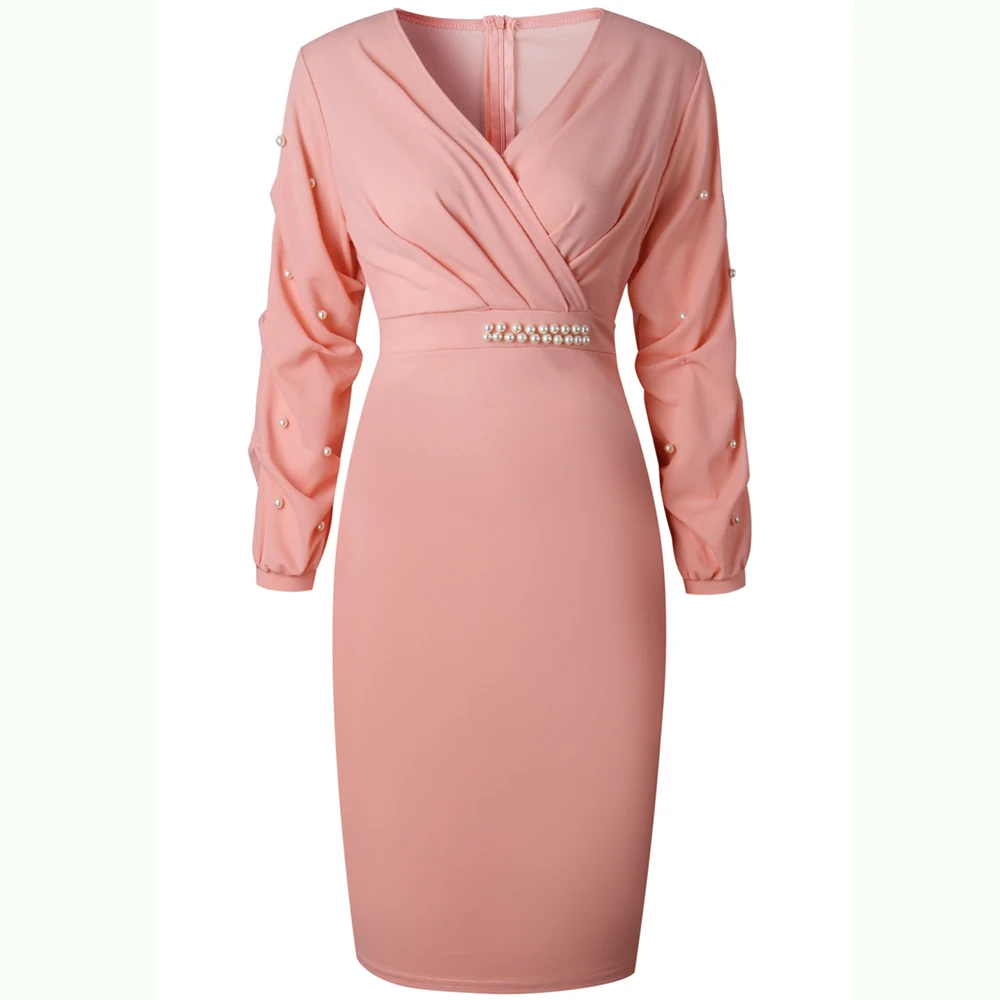 Elegant Women Dress Puff Sleeve V Neck Beading Sheath Bodycon Vestido Hot Pink Midi Party Dresses Work Office Robe | Женская одежда