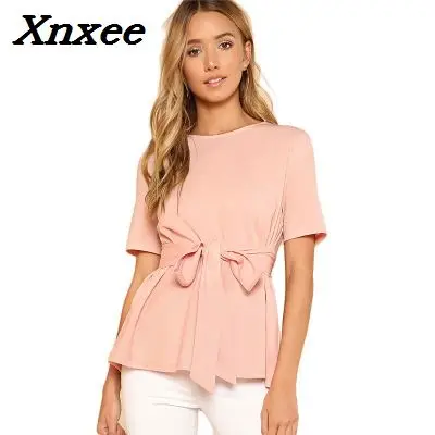 

Women fashion shirts o-neck short sleeve tops blouse elegant chic tops with blet Xnxee