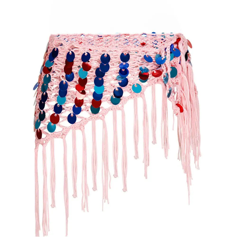 

Hirigin Women Chiffon Hollow Bandage Hip Scarf Skirt Lady Coins Sequin Tassel Beach Skirts