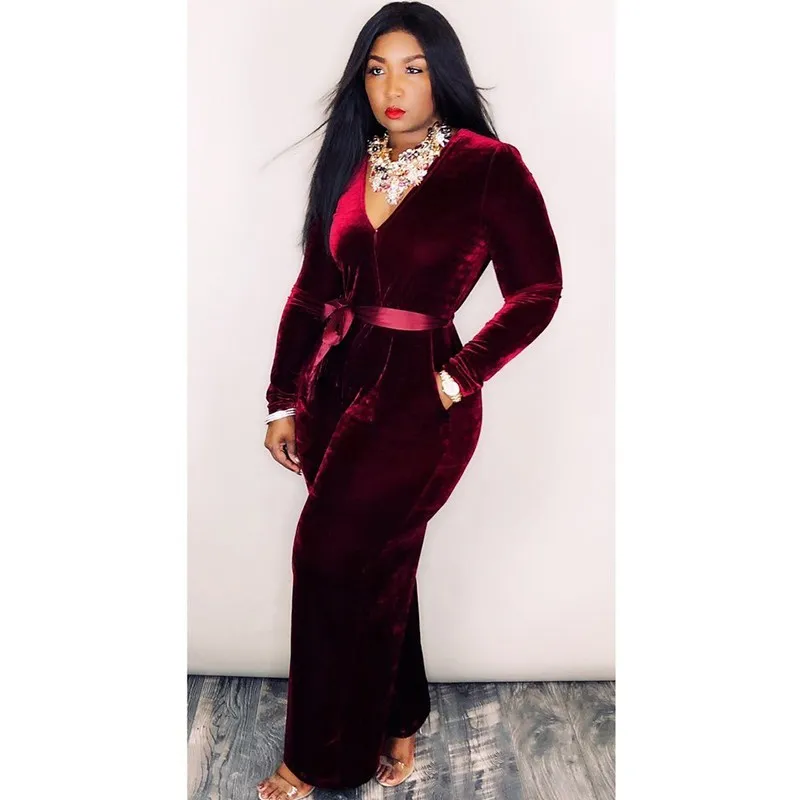 MUXU red fashion sexy elegant long jumpsuit macacao feminino bodysuit women rompers womens velvet body mujer streetwear | Женская одежда